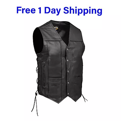 Skates Sports Men Black Side Laces Real Leather Waistcoat Motorcycle Biker Vest • £27.99