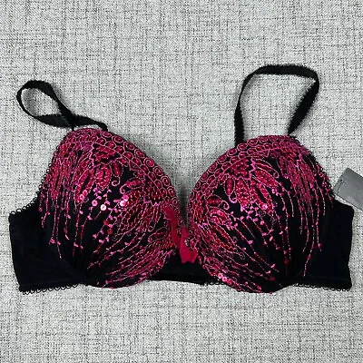 NWT Passion Forever Bra 36B Black Purple Sequins Embroidered Balconette Plunge • $15.98