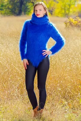 Royal Blue Mohair Bodysuit Fetish Long Turtleneck Hand Knit SUPERTANYA • £214.98