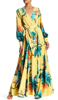 Meghan Los Angeles Bright Yellow Lily Pad Tropical Floral Long Maxi Dress Size M • $150