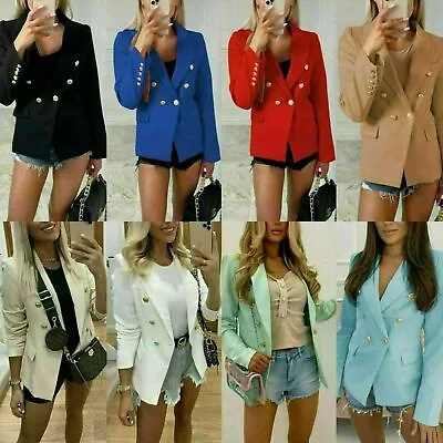 £18.49 • Buy Women Double Breasted Blazer Front Button Padded Shoulder Ladies Formal Jacket 