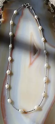 VTG  Baroque White  Fresh Water Pearl Station Necklace  925 Sterling Silver • $28