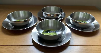 4 X Stainless Steel Plate And Bowl Set Camping Outdoor Park Hiking Travel Summit • £15.21