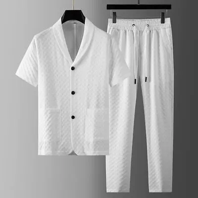 Men's Cotton Linen Walking Suit Summer Short Sleeve Casual Shirt & Pants Set NEW • $31.63