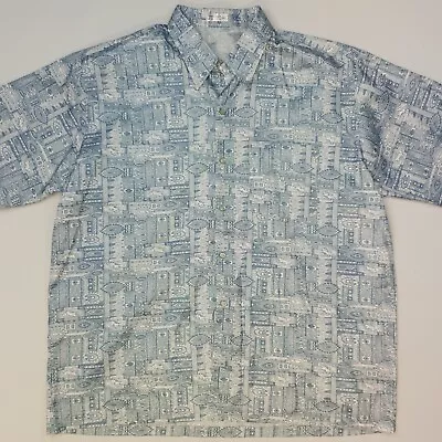 Hawaiian Shirt Abstract LARGE (Loose) Relaxed Fit Blue Short Sleeve Funky Hippy • £11.04