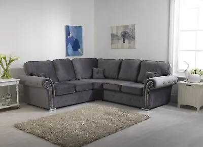 Plush Velvet Sofa Corner Suite 3 2 Seater Sofa Set Steel Plush Maryline-Fullback • £629.99