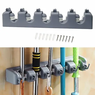 Broom Holder And Garden Tool Garage Organizer 5 Slots 6 Hooks For Rake Mop Wall • $9.69