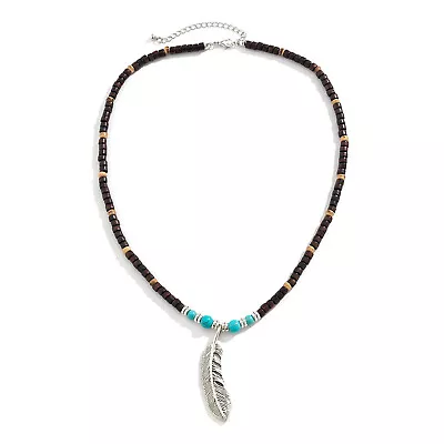 Feather Pendant Men's Necklace Wooden Bead Necklace Trendy Summer Clavicle Chain • £5.63