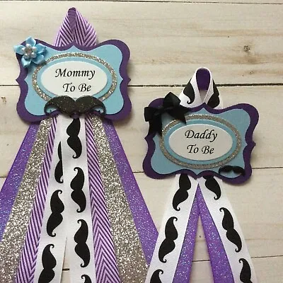 Mustache Little Man Baby Shower Purple Blue & Black Corsage Mommy & Daddy To Be • $14.99