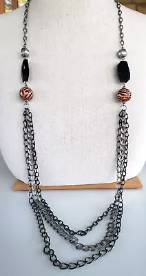 Black Plastic Wood Bead Multi Chain Layered SilverTone Long Necklace 38  Lobster • £11.58