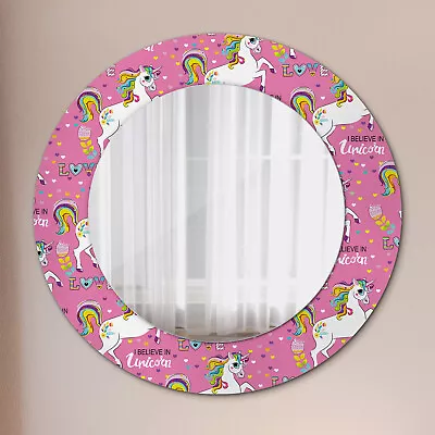 Round Framed Wall Mirror Kids Room Glass Frame With Print Magic Unicorn • $253.95