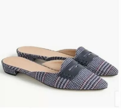$128 NEW J. CREW Blue Plaid Tweed Mule Loafer Pointed Toe Slide Slip On Flat 5.5 • $40