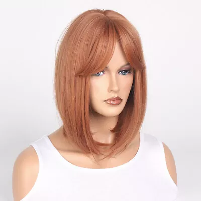 Bob Hair Wigs With Bangs For Women Orange Brown Synthetic Daily Wig • $17.50