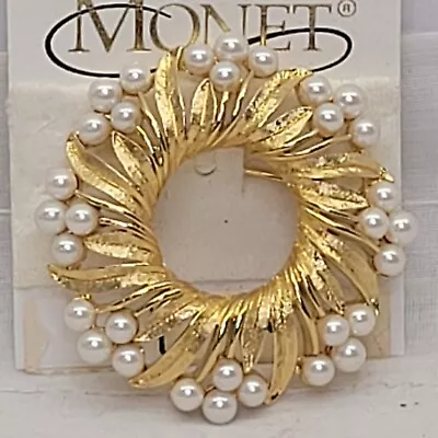 Vintage Monet Brushed Goldtone & Faux Pearl Circle Wreath Pin Brooch • $9.99