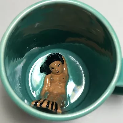 Vintage Turquoise Ceramic Mug With Naked Mermaid Resting At Bottom 5.25  Tall • $32