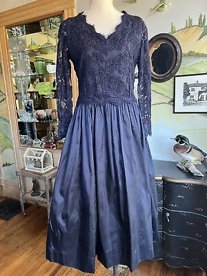 Vintage Catherine Regehr Silk Taffeta And Lace Navy Gown Size L • $180