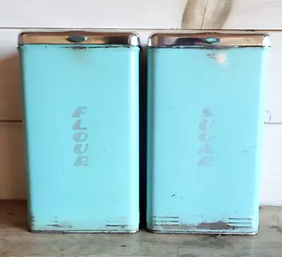 Lincoln Beautyware 50s Vintage Metal Sugar Flour Canisters Teal Blue MCM Decor • $24.99