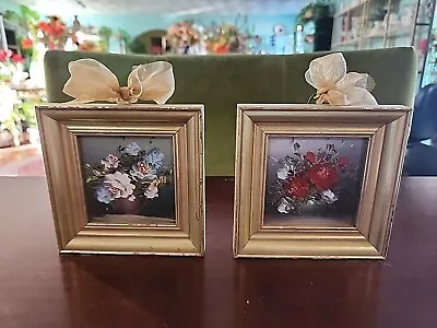 Pair Vintage Hand Painted Miniature Gold Framed Paintings Florals Oil On Board • $38