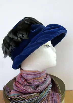 Vintage Royal Blue Velvet Cloche Hat With Feather Trim - Small 20 1/2  -Easter   • $5.99