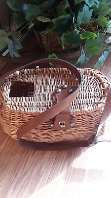 Vtg Wicker Fishing Creel Basket Leather/Brass Adj Strap Cabin Decor 15  GC NICE  • $29.95