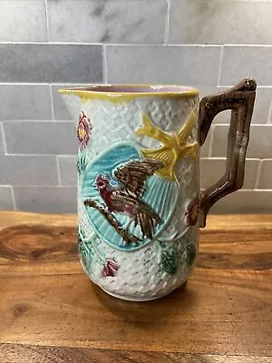 Antique English Majolica Pitcher Floral & Bird On Fan Basket Weave 7.5” • $75