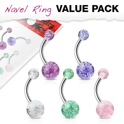 5 Pack Of Belly Bar Navel Piercings With Glitter Balls Surgical Steel • £3.99
