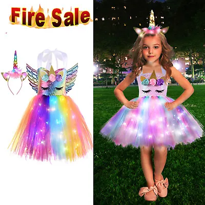 $29.69 • Buy 99-155cm Girl Unicorn Costume LED Light Up Princess Dress Birthday Party Outfit