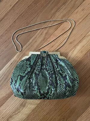 Vintage Judith Leiber Snakeskin Crossbody Purse Bag Green Black Gold Tone • $309.99