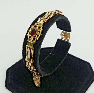 £245 • Buy Ornate 9ct Gold Garnet Set Three Bar Gate Bracelet - 7.9 Grams
