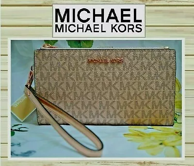 NWT MICHAEL KORS Jet Set Travel Double Zip In ROSE GOLD MK Sig Wristlet Wallet  • $79.95