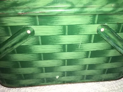 Vintage Metal Tin Green Woven Weave Pattern Picnic Basket W/ Handles 13.5  • $46