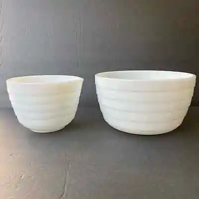 Two Vintage Milk Glass Unmarked Pyrex Mixing Bowls Spout Ribbed Stand Mixer • $50