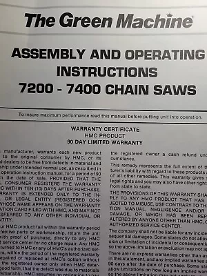 HMC The Green Machine Gasoline Chainsaw 7200 7400 Owner & Parts Manual • $84.22