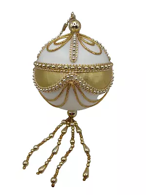 Vintage Beaded WHITE SATIN Christmas Holiday Ornament Gold Trim And Tassel 10  • $8.50