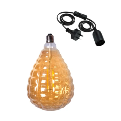 $84.99 • Buy Ribbed Edison LED Light Globe & Power Cord Plug In 1.8m E27 4 Watt Bulb 24cm