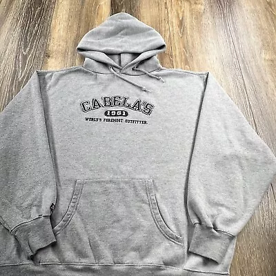 Vintage Cabelas Hoodie Mens XL Gray Sweatshirt Spellout Hunting Fishing Sweater • $34.95