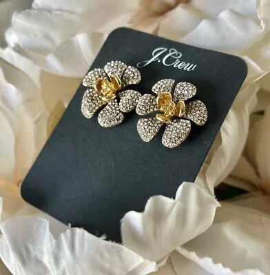 J. Crew Mini Icicle Flower Clear Crystal Pave Stud Gold Earrings NWT NEW 🌸 • $25.49