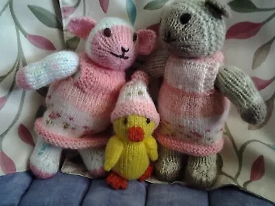 New Two Hand Knitted Stuffed Toy Lamb Dolls With Little Chick Companion • £7.75
