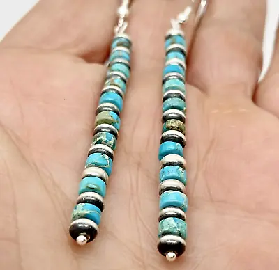 $59.94 • Buy Navajo LONG Heishi Turquoise  Navajo Pearl Dangle Earrings 3  Sterling Silver