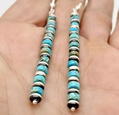 $59.94 • Buy Navajo LONG Heishi Turquoise  Navajo Pearl Dangle Earrings 3  Sterling Silver
