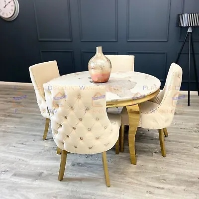 FurnitureDW Gold 130cm Round Pandora Marble Dining Table And 4 Chairs Cream Set • £999