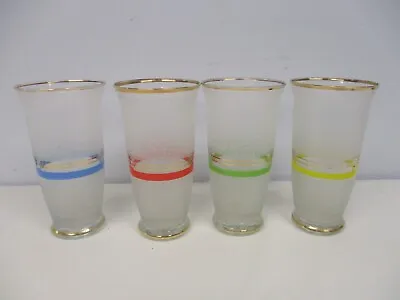 4 VINTAGE MCM COLORFUL SUGAR FROSTED 6  BAR GLASSES W STRIPES & GOLD EDGE • $12.50