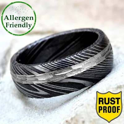 Customized Hammered Silver Steel Inlay Damascus Ring Mens Wedding Band Forged • $89