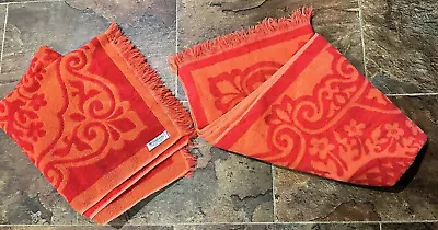 PAIR Orange TOWELS 1960s 70s Fieldcrest BATH SET Fringed Velvety 41x24  RETRO • $25.95