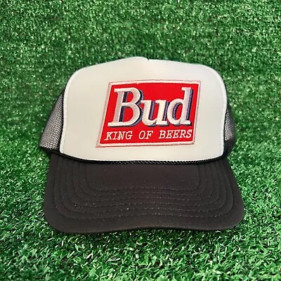 New Bud Beer Black Mesh White Hat 5 Panel High Crown Trucker Snapback Vintage • $25.95