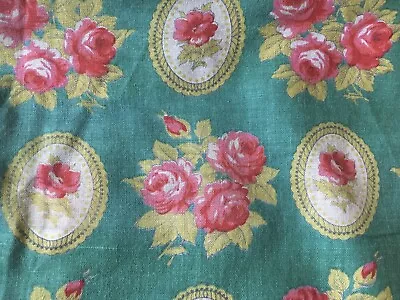 Vintage French Cottage Floral Cameo Roses Cotton Fabric #1~ Green Red Pink • $42.99