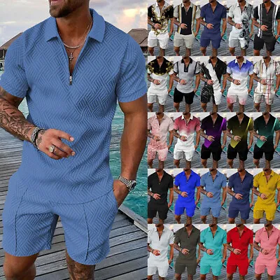 Mens Summer 2-Piece Outfit Set POLO Shirts And Shorts Set T Shirt Beach Hawaiian • £16.49