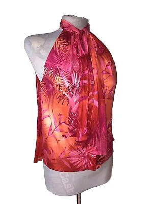 Gianni Versace Sz 40 Pink Orange Jungle Print 1990's Silk Jersey Pussy Catblouse • $442.03