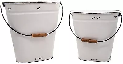 White Metal Bucket Style Planters Set/2 Assorted Size Farmhouse Storage Buckets • $60.50