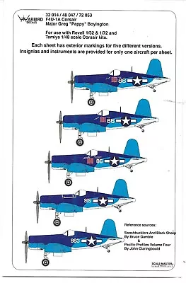 Warbird F4U-1A Corsair Decals 1/48 047 Greg 'Pappy' Boyington Aircraft VMF-214 • $9.99